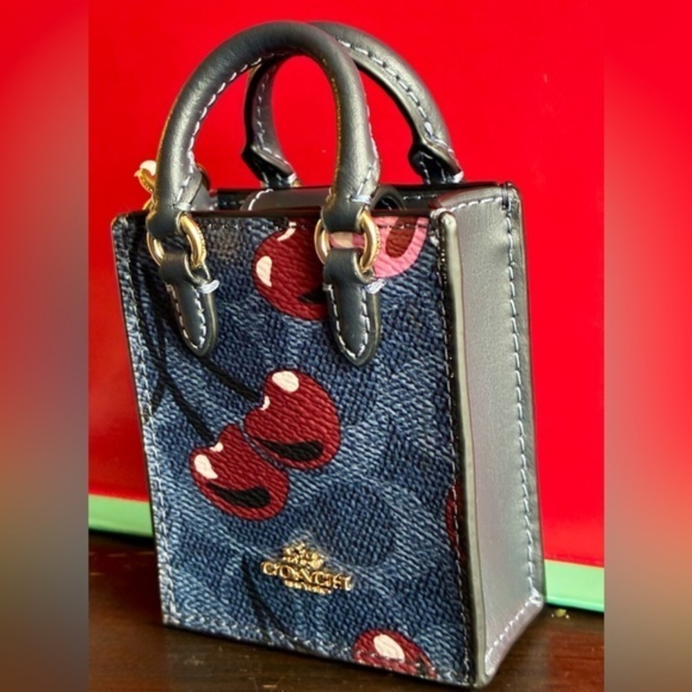Coach Navy and Burgundy Cherry Print Key Holder